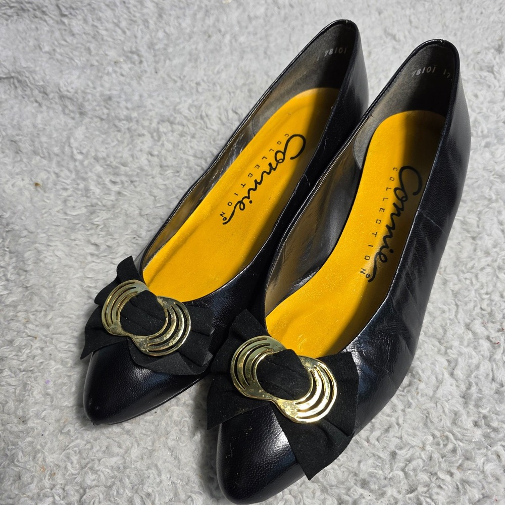 VTG Connie Collection Black Gold Leather Pumps Kitten‎ Heels VERY 80s 9 Narrow